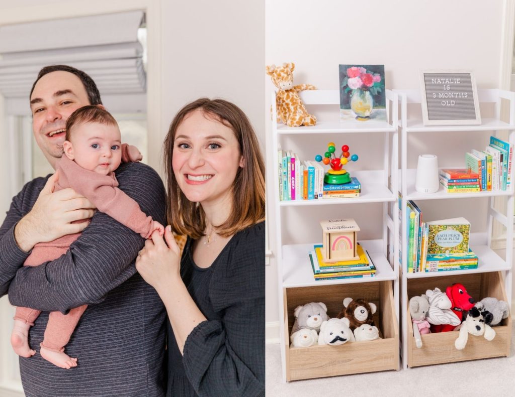 parents with newborn and curated nursery with baby books and stuffed animals during photo session