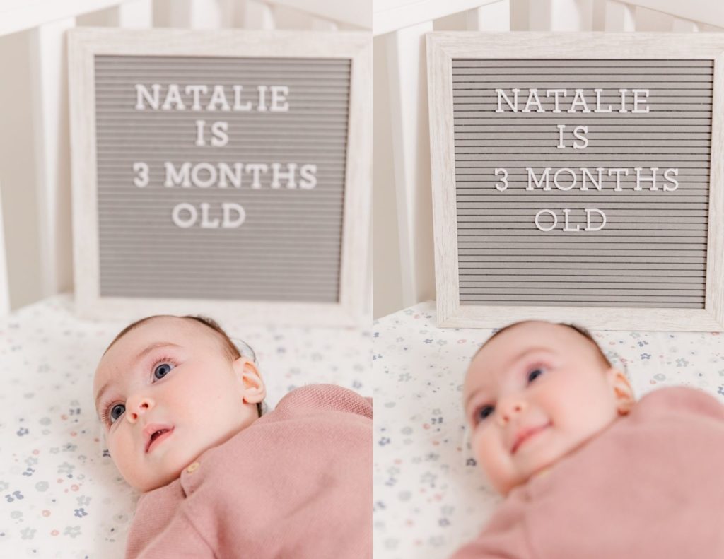 Felt Letter board showing baby's age with baby laying in front for Atlanta 3 month photo session