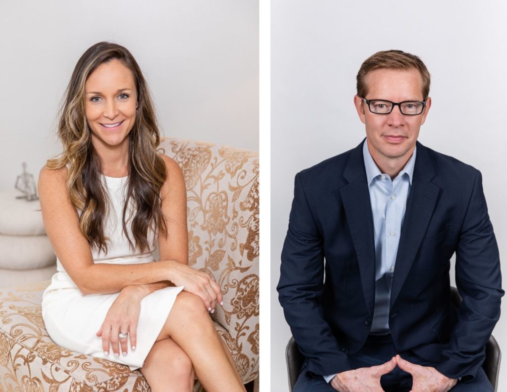 headshots woman in white dress stunning in office headshot of man sitting in studio in Atlanta by Laure Photography