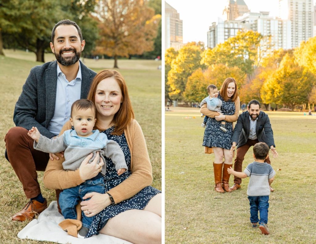 toddler running towards parents during lifestyle fall family pictures in Piedmont park by laure photography