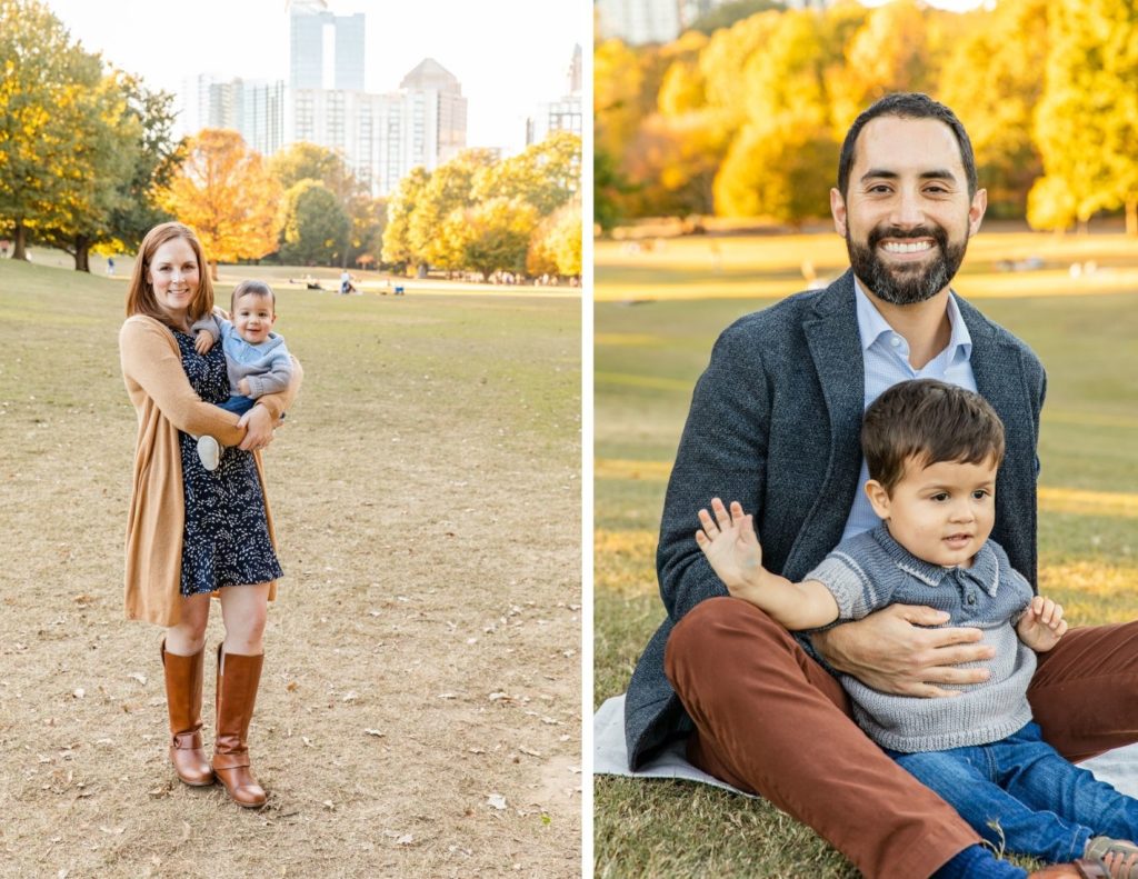mommy holding baby and daddy sitting with toddler boy at golden hour Atlanta skyline laure photography