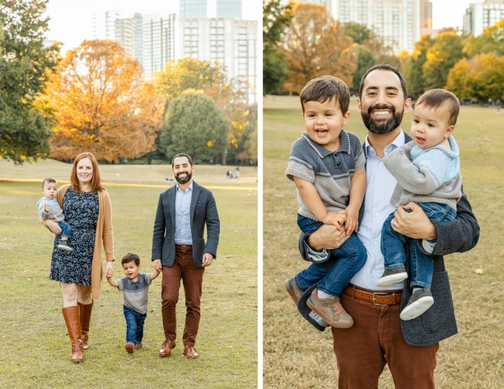 daddy holding toddler and baby in his arm and family walking holding hands in front of Atlanta skyline with Laure photography golden hours