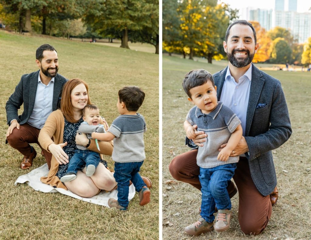 dad kneeling with toddler boy running towards his family with Laure Photography in fall outfits