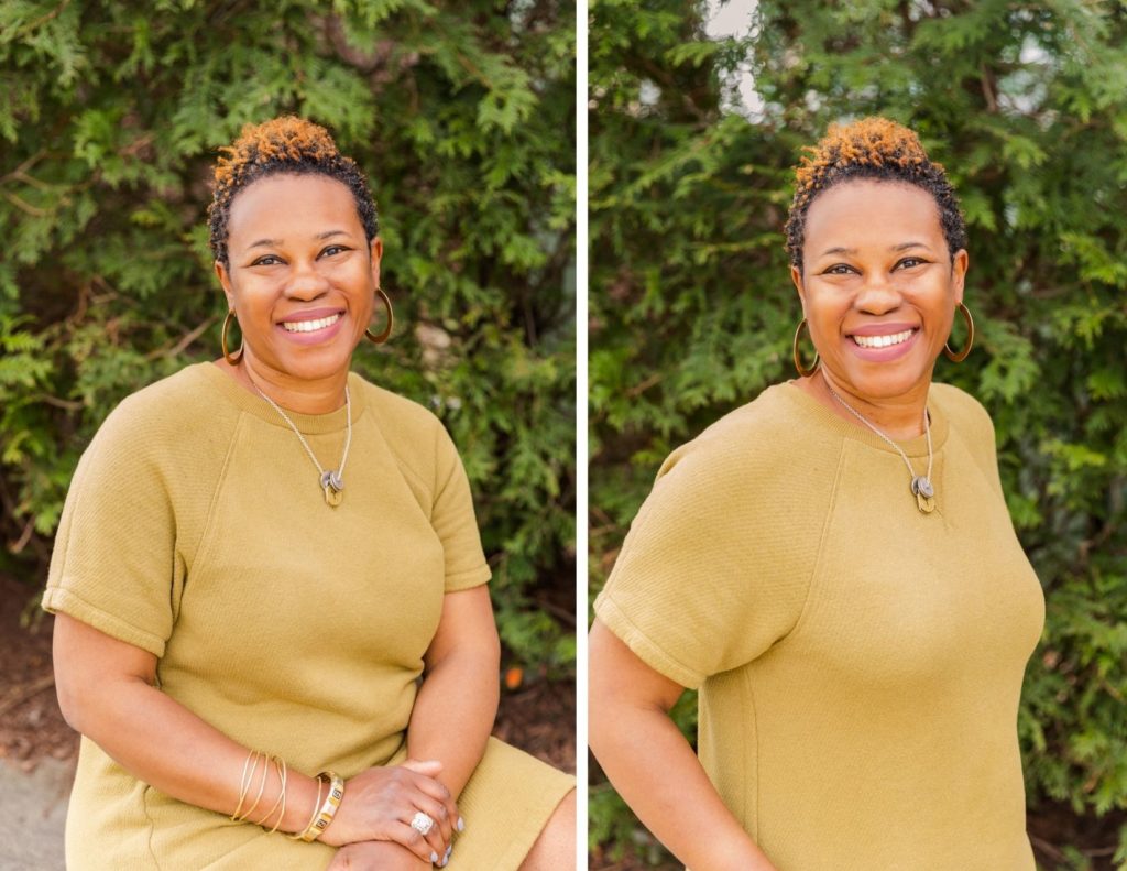 Woman headshot sitting and standing outdoor by Atlanta brand photographer Laure Photography