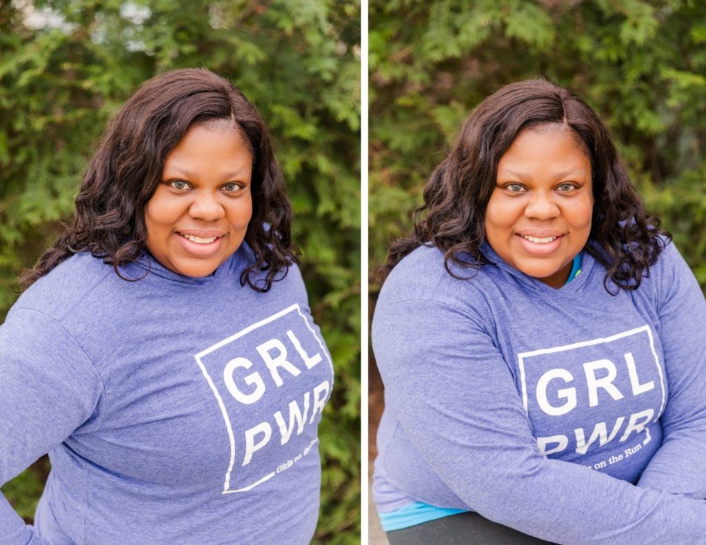 brown skin women headshot smiling with blue sweater in a park in Atlanta by Laure Photography