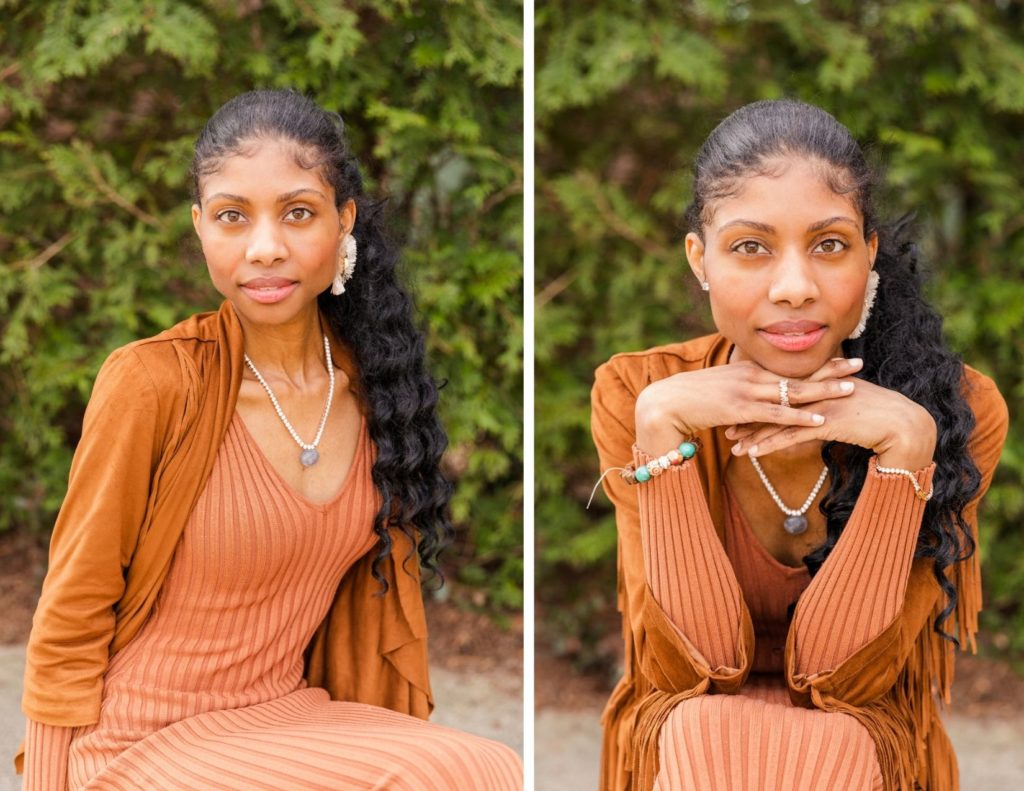 Woman headshot wearing a brown outfit  sitting outdoor in front of trees in Atlanta by Laure Photography
