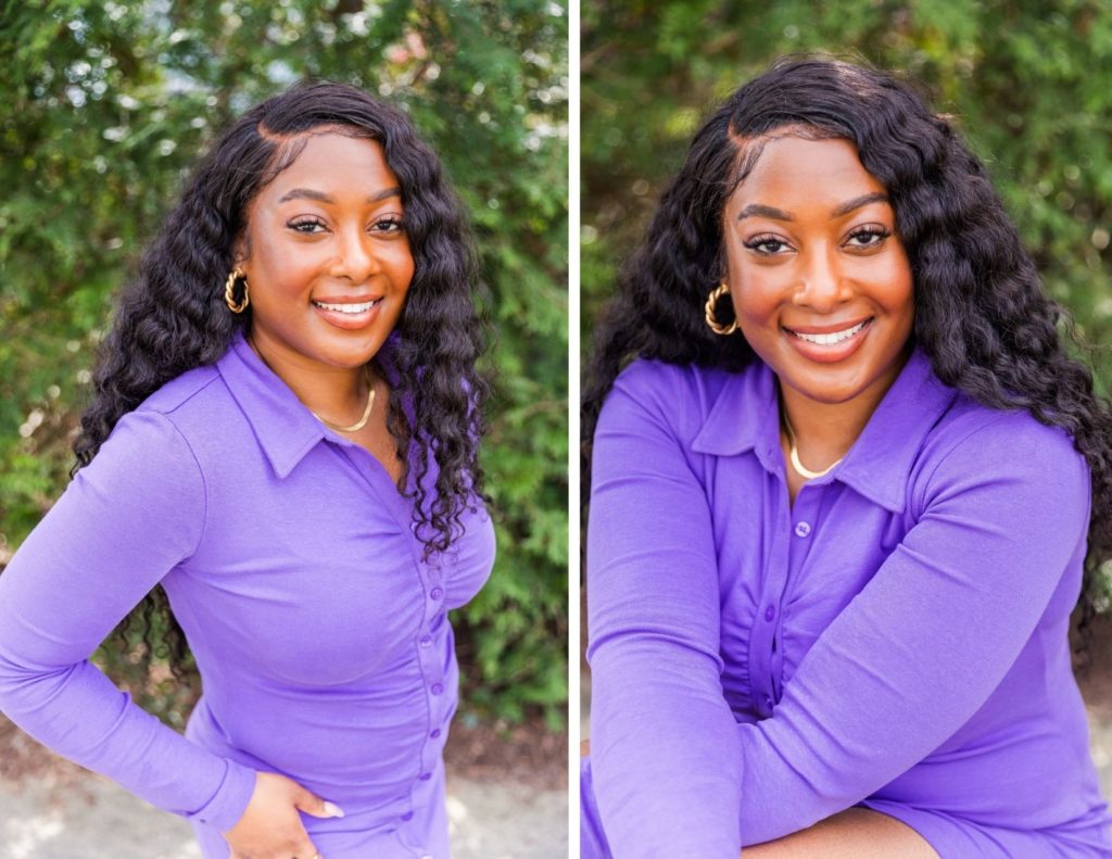brown skin women headshot with long hear smiling and wearing a purple buttoned up dress outside in The Point Atl Atlanta by Laure Photography