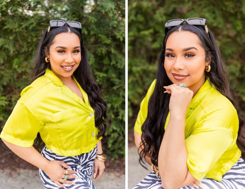 woman wearing yellow top and zebra leggings during headshots mini sessions in Atlanta by laure Photography