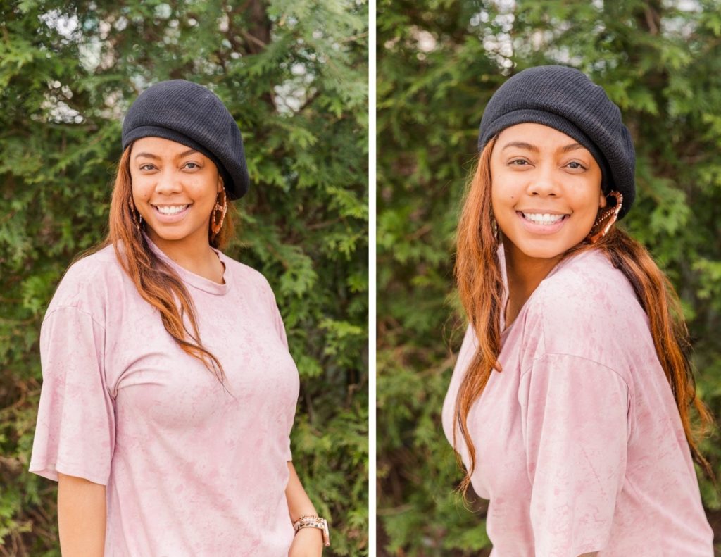 woman wearing a light pink teeshirt and a black beret smiling during headshots mini session at The Point Atlanta with Laure Photography