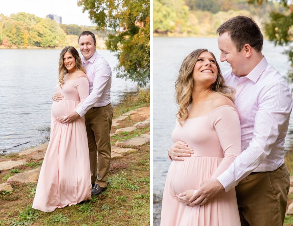 maternity photo with long maternity pink dress standing by a pond in Atlanta