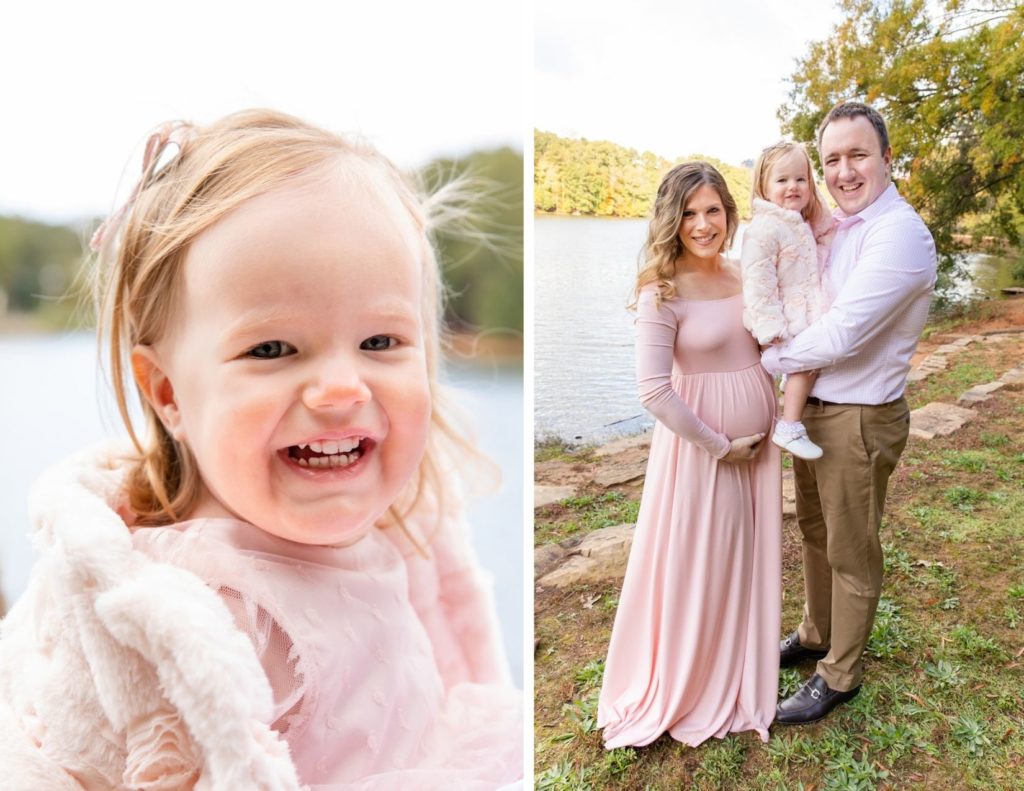 Maternity pictures in pink and beige outfits with toddler girl by a pond in Atlanta GA with Laure Photography