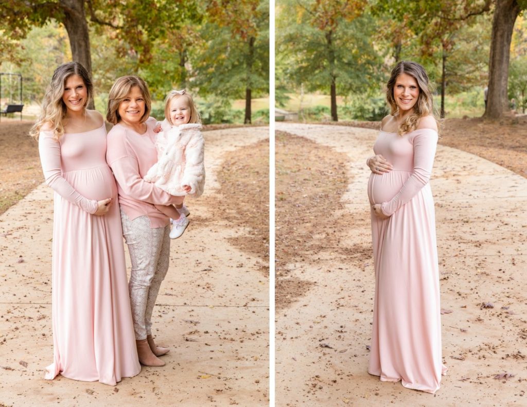 multi-generation pregnancy picture with coordinated light pink outfits in a GA park with laure photography