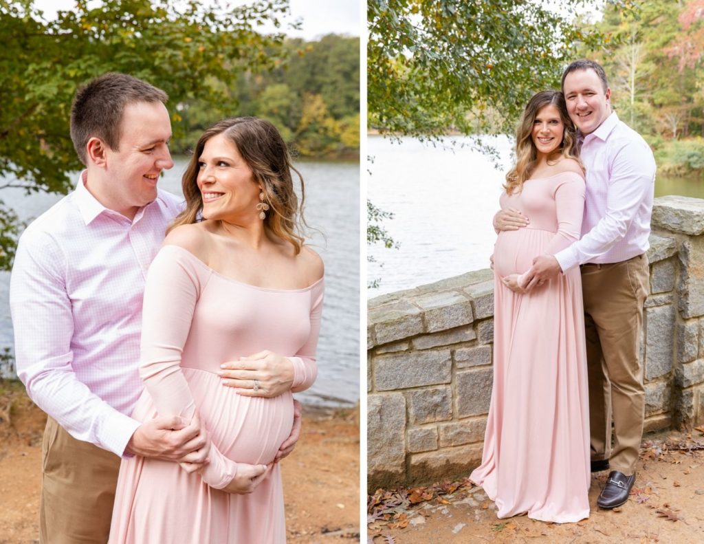 pregnant couple during maternity photo session in front of an Atlanta pond with laure photography