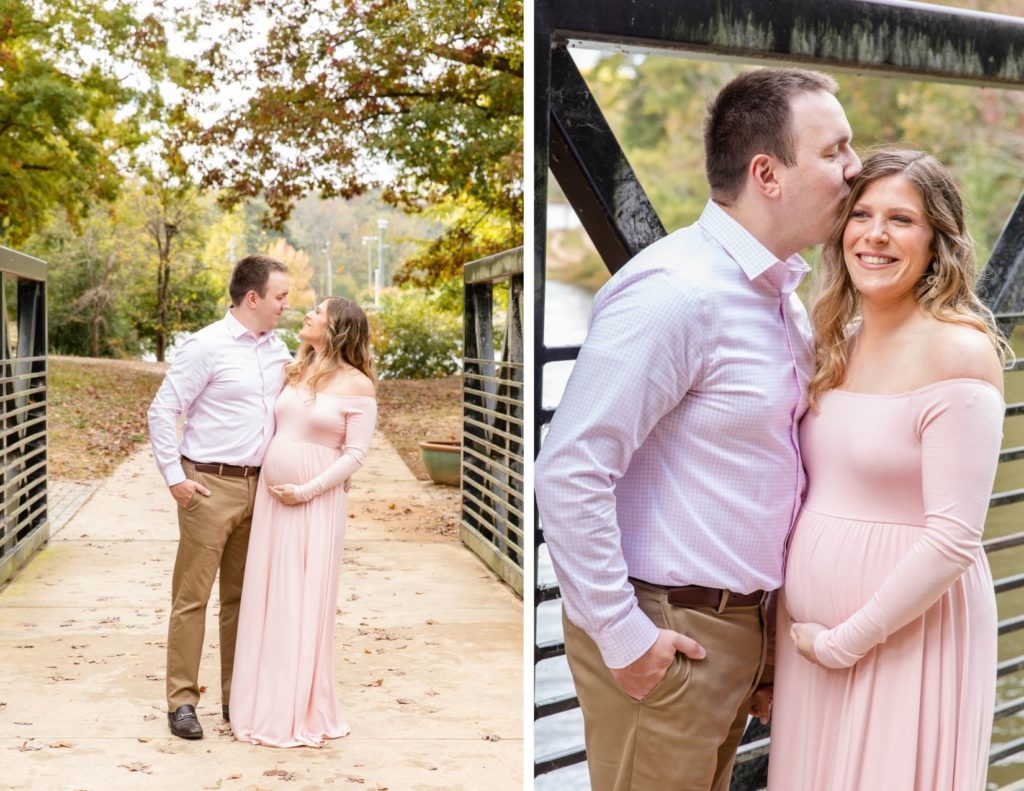 pregnant couple in coordinated light pink and beige outfits near an Atlanta GA pond with laure photography