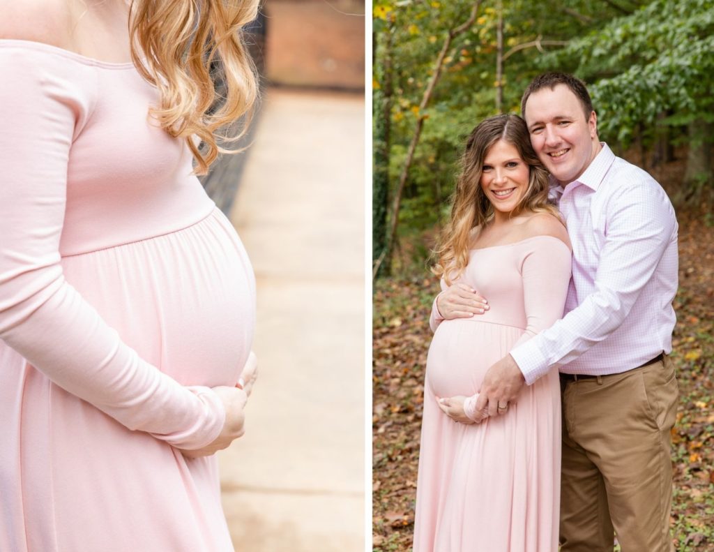 focus on pregnant belly with long ping maternity dress and couple in the woods in Brookhaven GA with Laure Photography