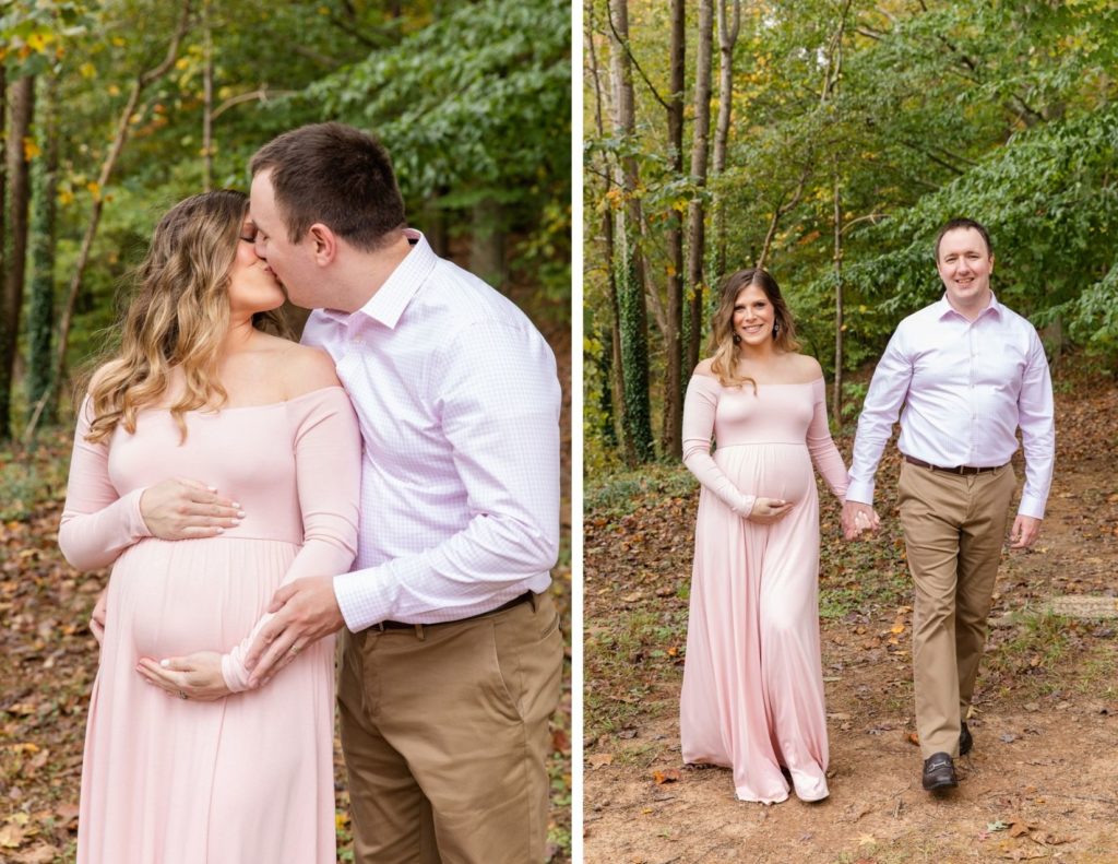 pregnant couple during maternity session with coordinated pink outfits walking in the Atlanta GA woods by Laure photography