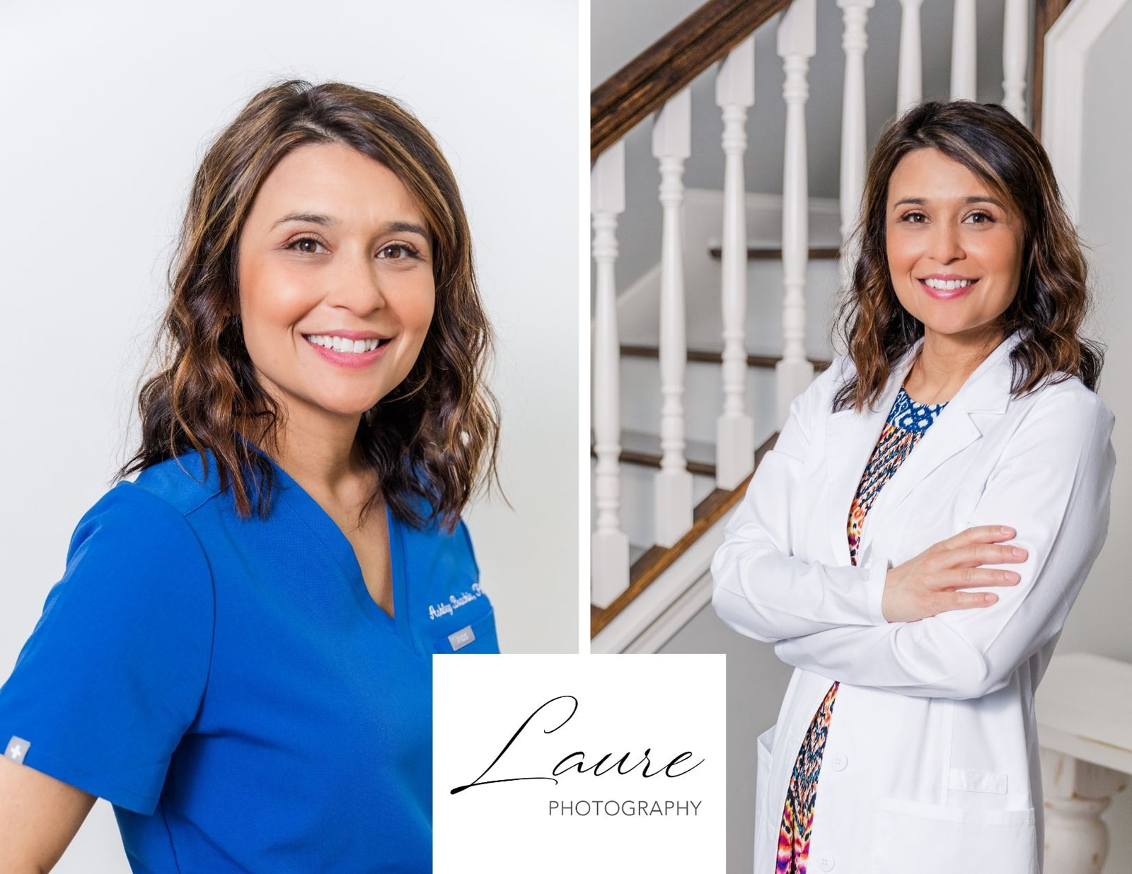 headshots doctor in different poses background and outfit scrubs and white blouse by Laure Photography