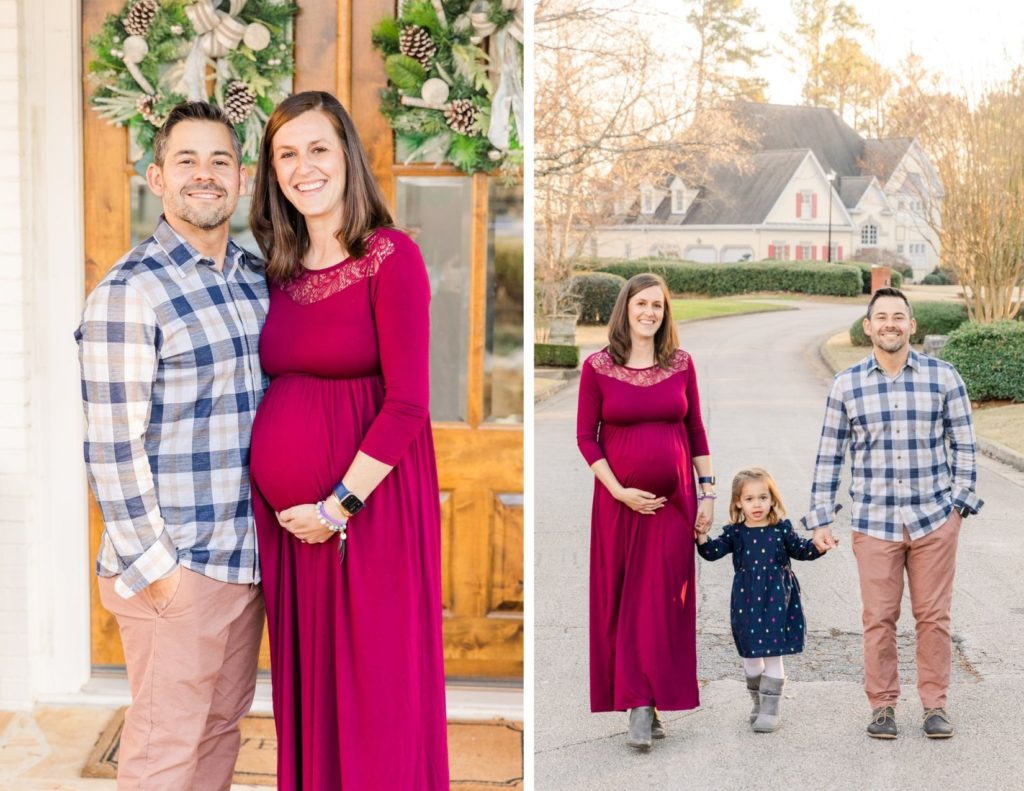Pregnant couple standing on their porch, family with pregnant mum walking on the street with Atlanta photographer Laure Photography