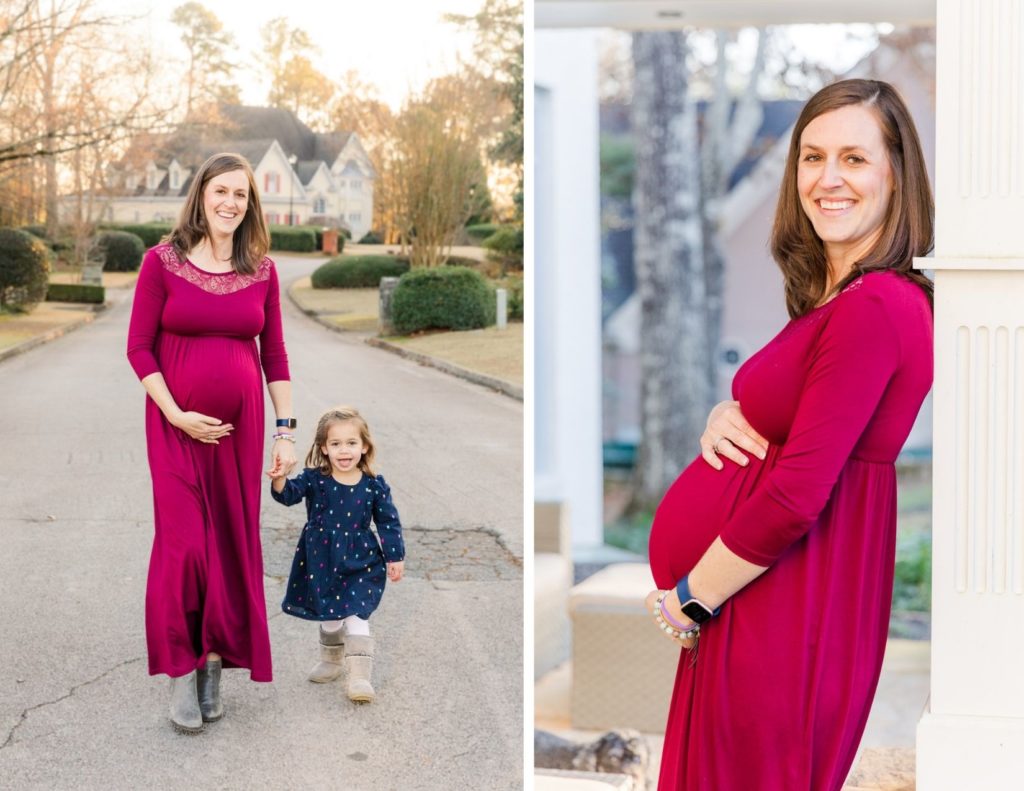 Pregnant mum standing against a pole outside in long pink maternity dress and pregnant mum walking with her toddler daughter in the street with Atlanta photographer Laure Photography