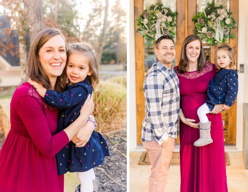 pregnant parent with toddler girl standing on their front porch, mom wearing long pink maternity dress, toddler girl wearing blue dress and dad wearing beige pant and blue and white shirt with Atlanta photographer Laure Photography