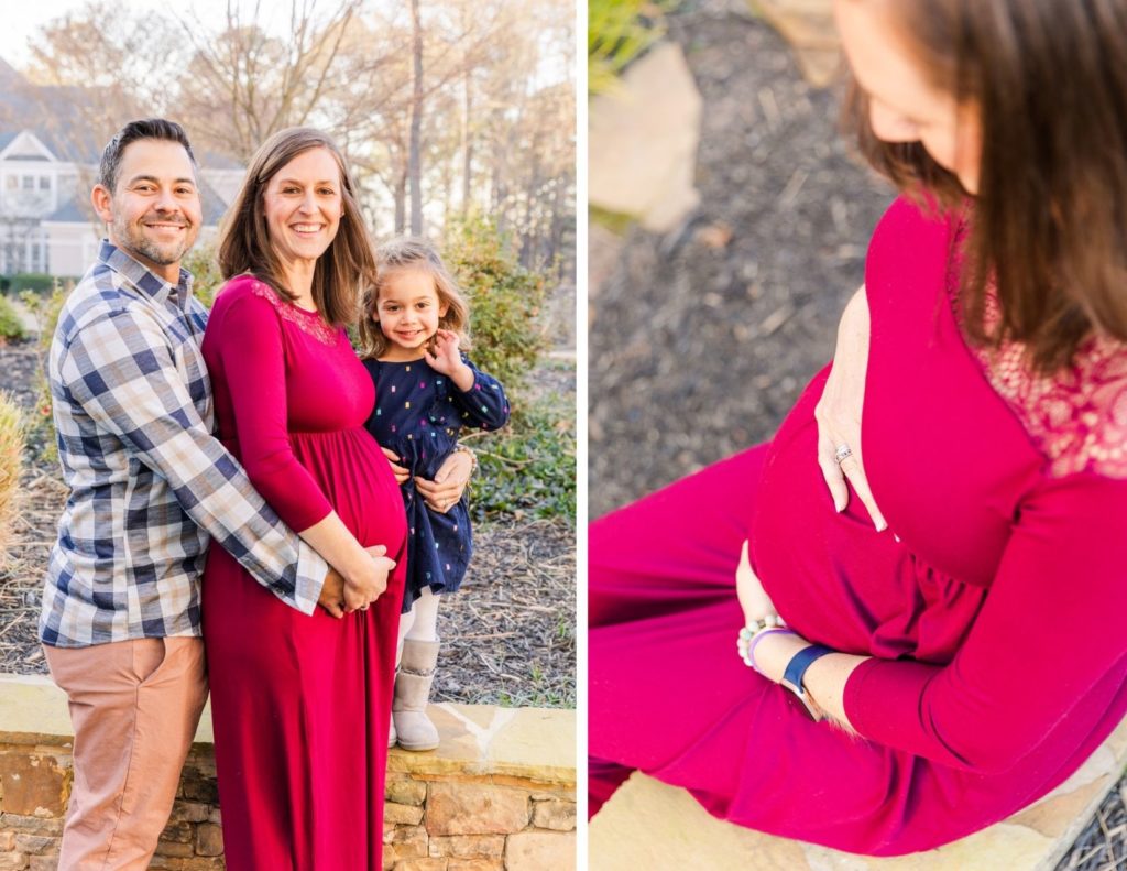 pregnant mum seen from above in long pink maternity dress and pregnant parents with toddler standing outside with Atlanta photographer Laure Photography