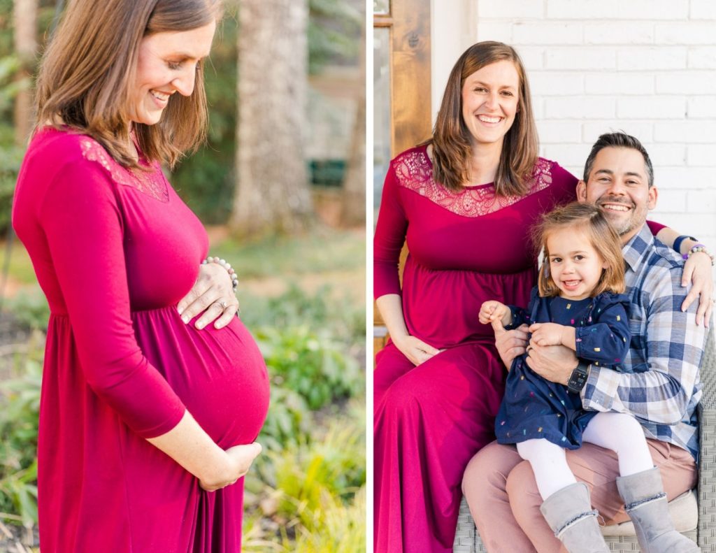 Pregnant woman in red long dress and family sitting in an armchair on a porch with Atlanta photographer Laure Photography
