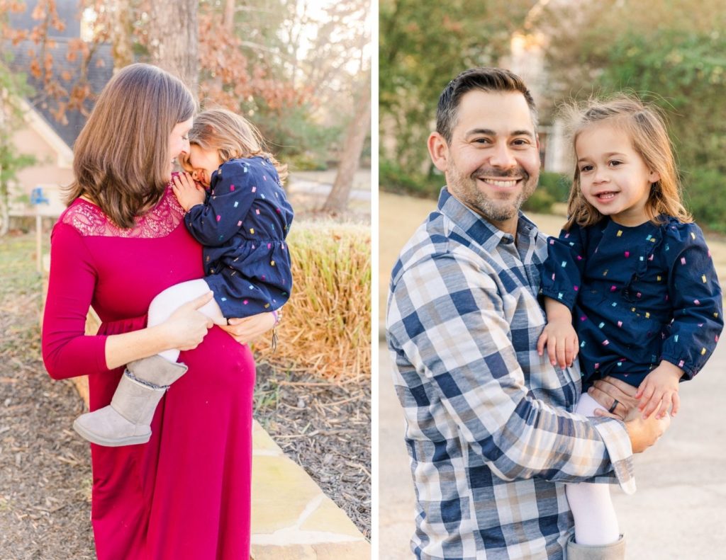 pregnant mum in pink long dress hugging her toddler girl in navy blue dress and dad holding toddler girl in arms and smiling in Roswell with Atlanta photographer Laure Photography
