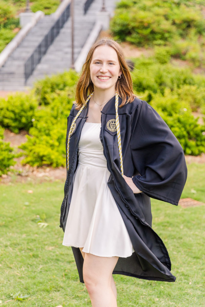 Georgia Tech college graduation graduate in cap & gown on campus by Atlanta Photographer Laure Photography