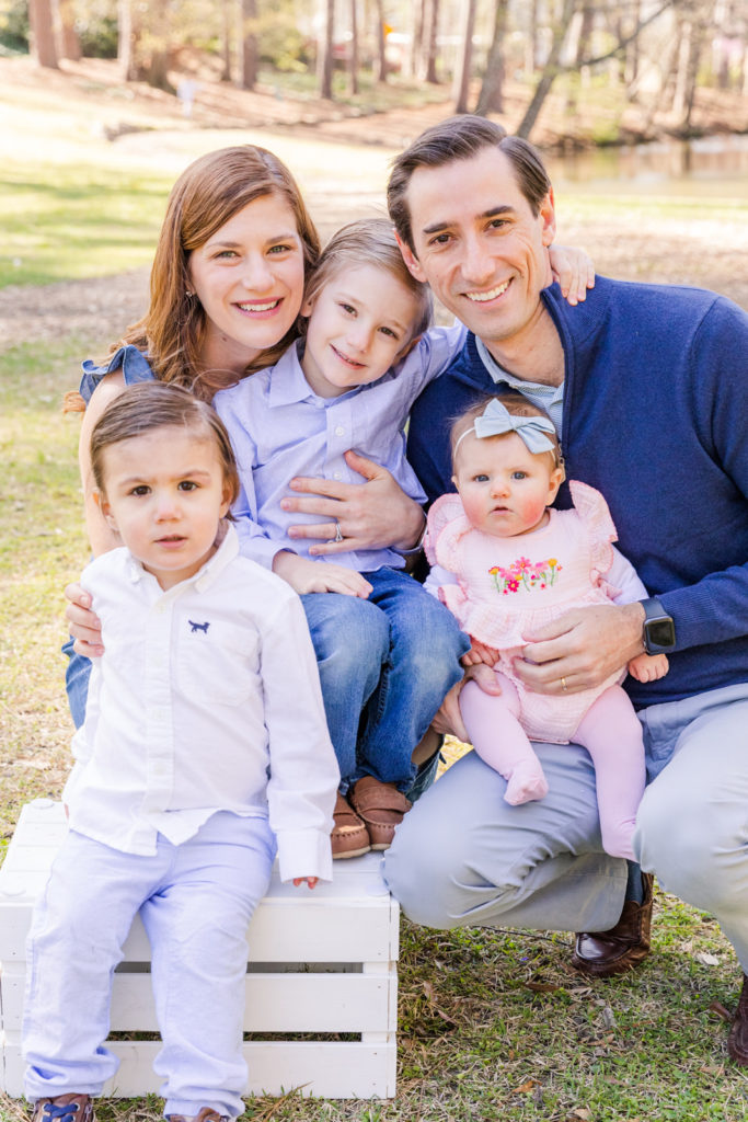 Spring Family Photo Mini-Session wearing coordinated blue outfits at Duck Pond Park Atlanta GA by Laure Photography