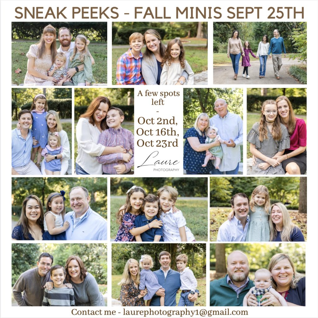 collage of fall mini sessions pictures in Atlanta parks with family photographer Laure Photography