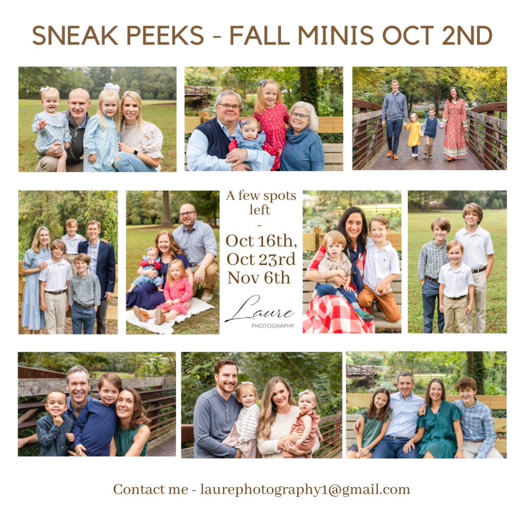 collage of 2021 fall mini sessions pictures in Atlanta parks with family photographer Laure Photography