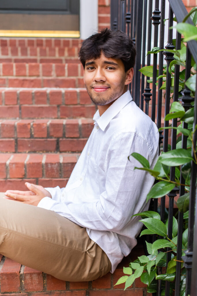boy teenager Atlanta graduate senior photo session on front door steps by Laure Photography