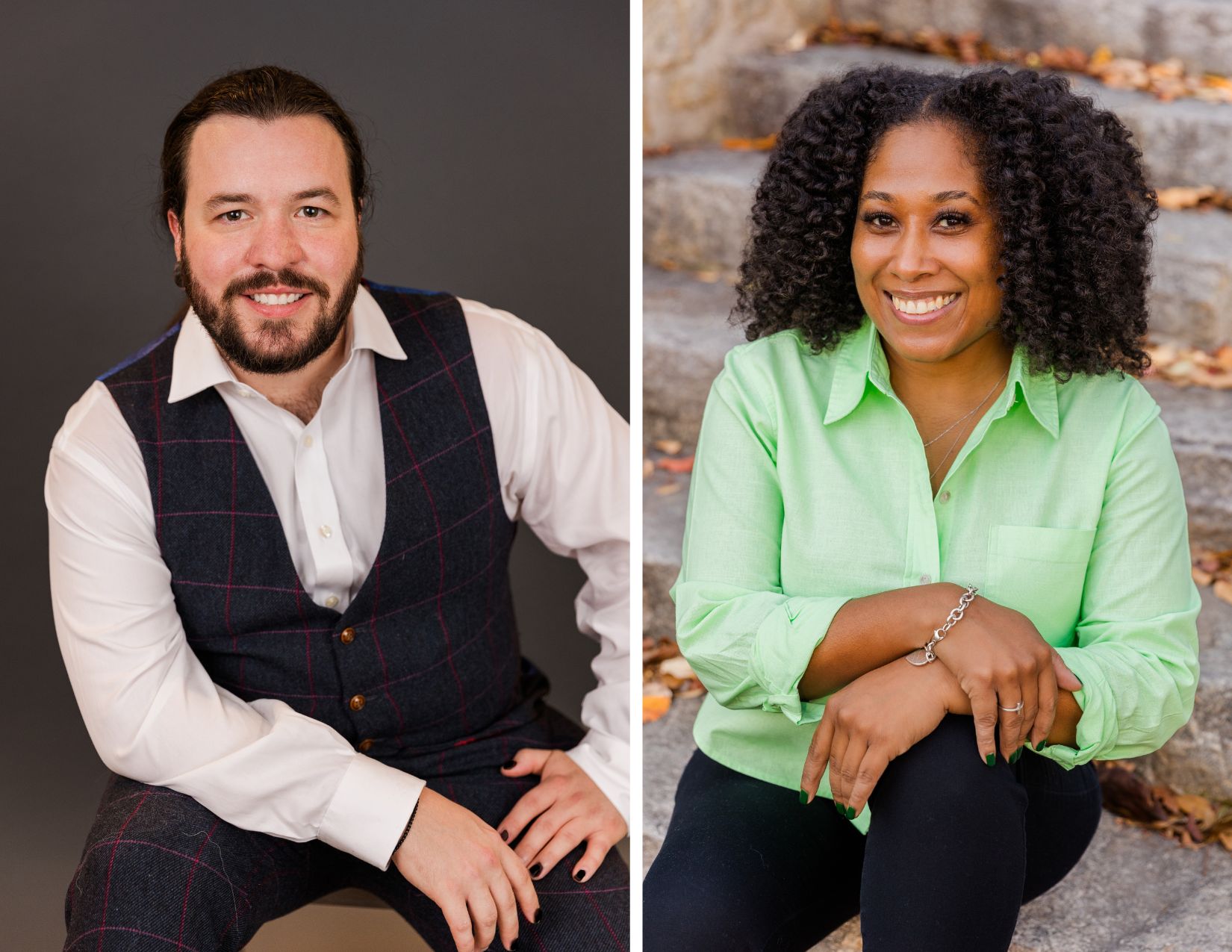 Formal and lifestyle portraits in studio in front of gray backdrop and outside in outdoor stairs by Atlanta photographer Laure Photography