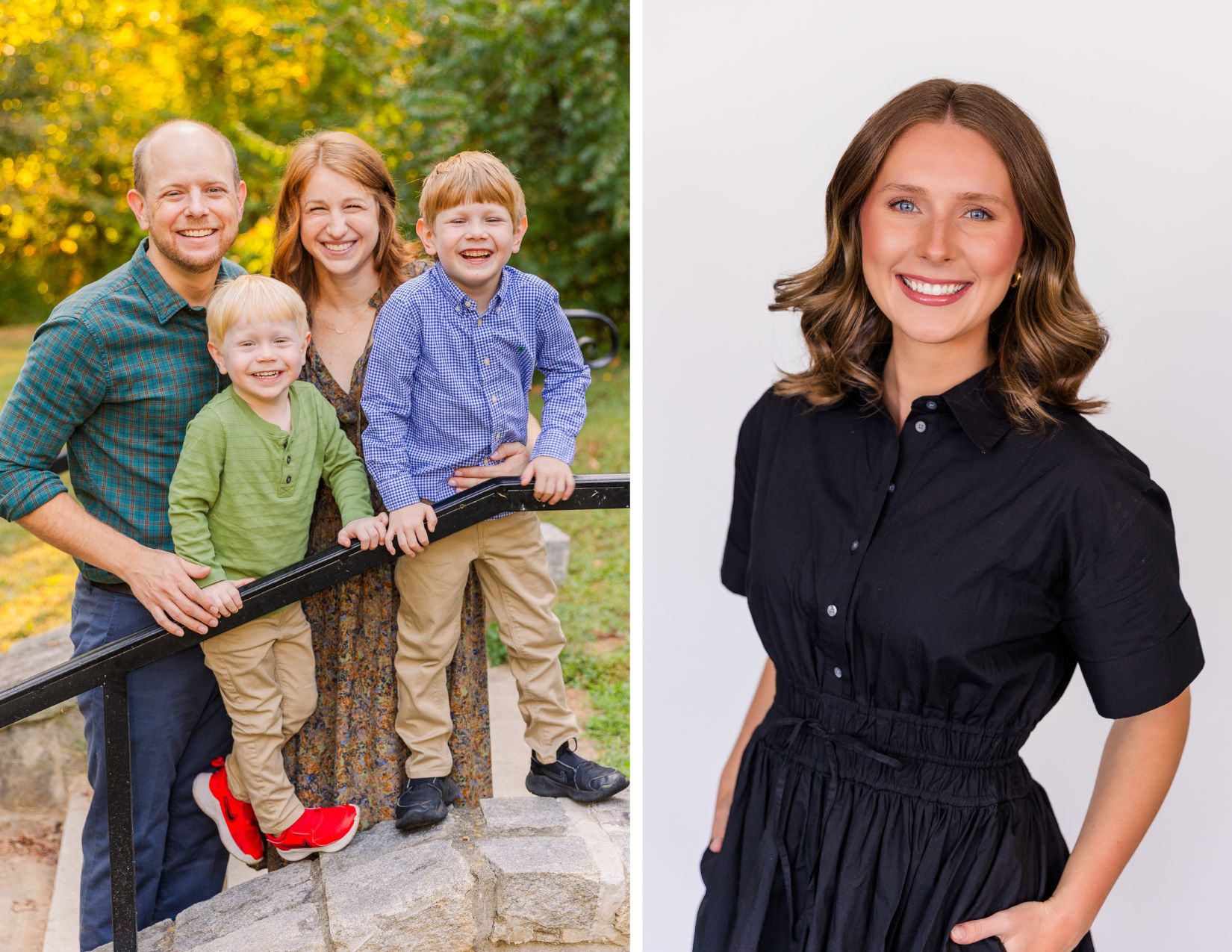 2 photos side by side Family of four laughing and standing on stairs in an Atlanta park during an outdoor photo session and Woman in a black dress posing confidently against a white studio backdrop during corporate headshot session in Atlanta