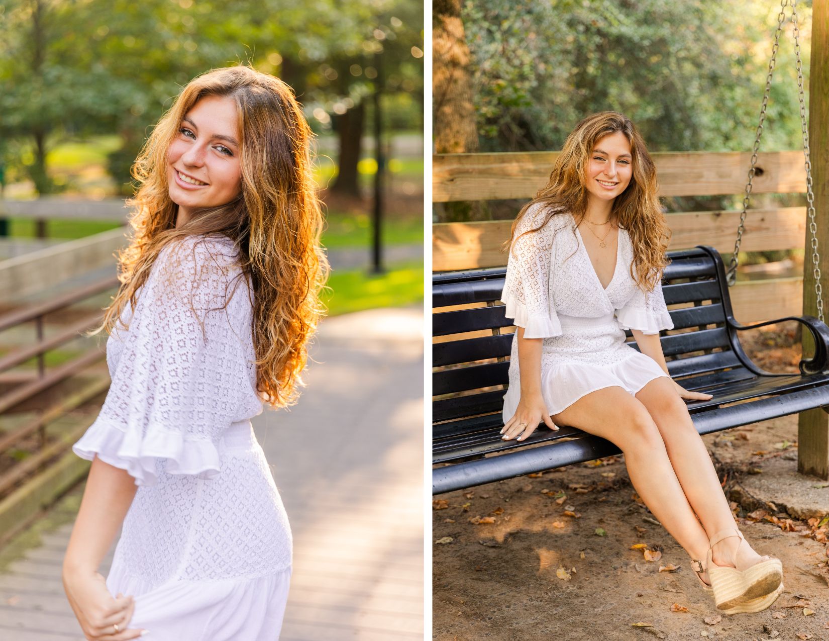 collage of 2 photos Senior girl in white textured dress looking over her shoulder during golden hour in an Atlanta park captured by Laure Photography and Senior girl wearing a white summer dress sitting on a swing with hands on both sides in an Atlanta park during her senior session
