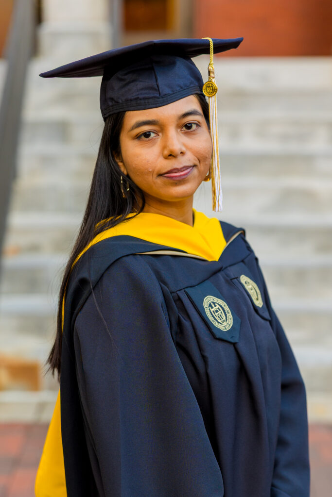 Close-up portrait of Pallovi wearing her graduation cap and gown showing the tassel at Georgia Tech