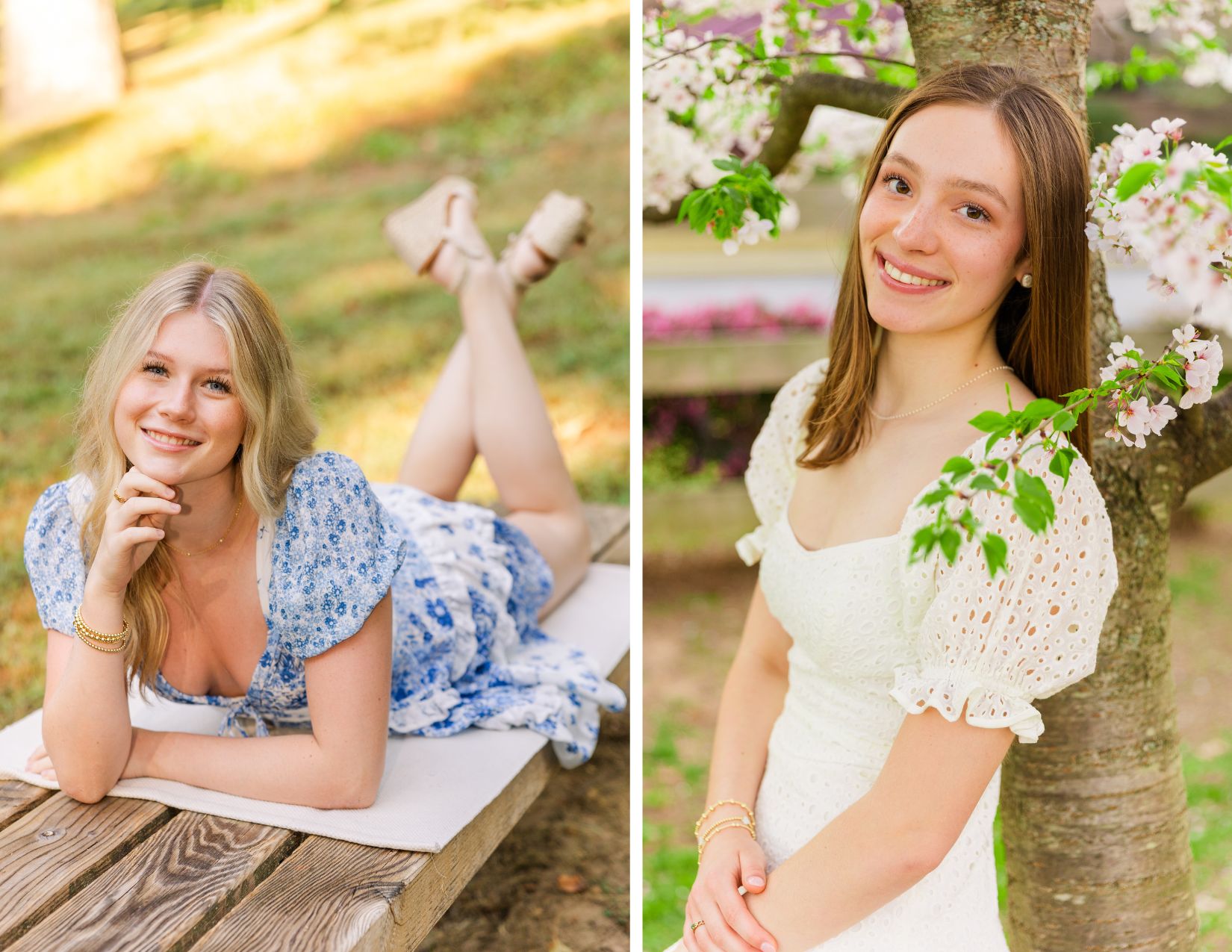 two high school senior girls, one photographed during the spring and the other one during the summer in Atlanta parks