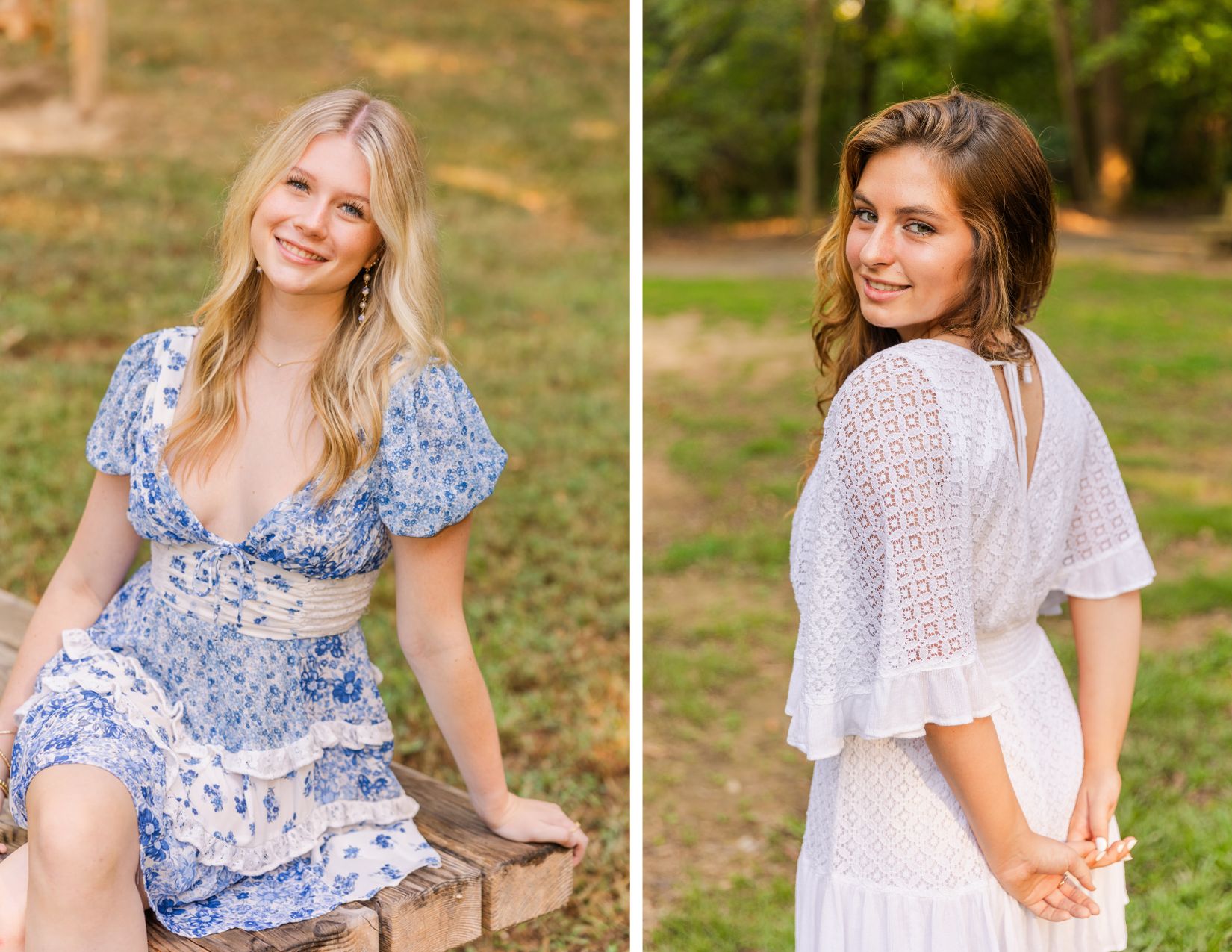2 high school seniors wearing flowy textured short dresses in an Atlanta park during senior portraits with Laure Photography