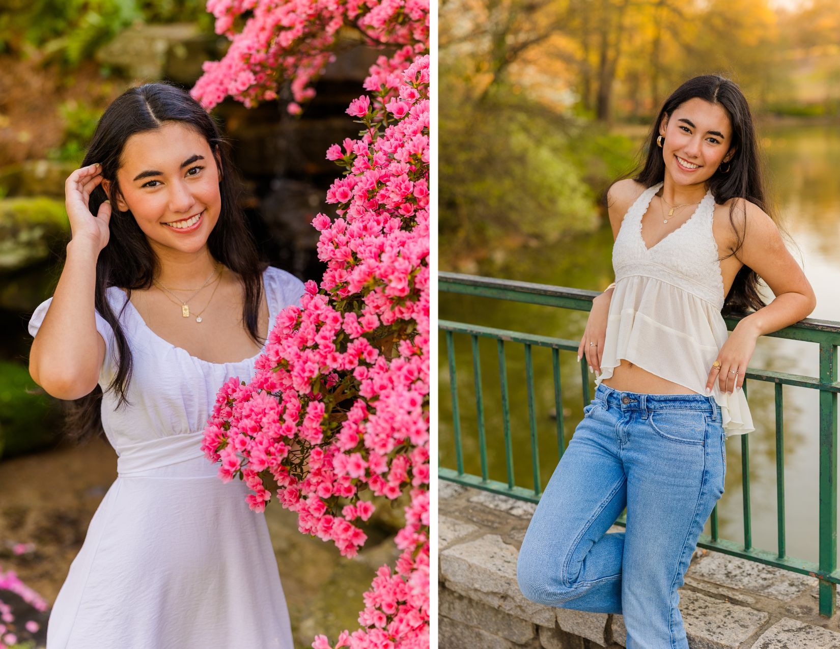 High school girl portraits in Atlanta Midtown park with flowers and pond wearing a short white dress and jeans and white top