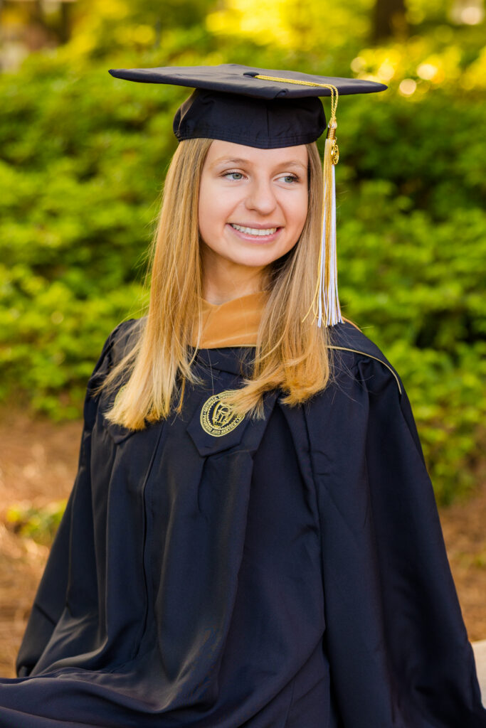 Close-up of Gabriela looking away during graduation portraits at Georgia Tech