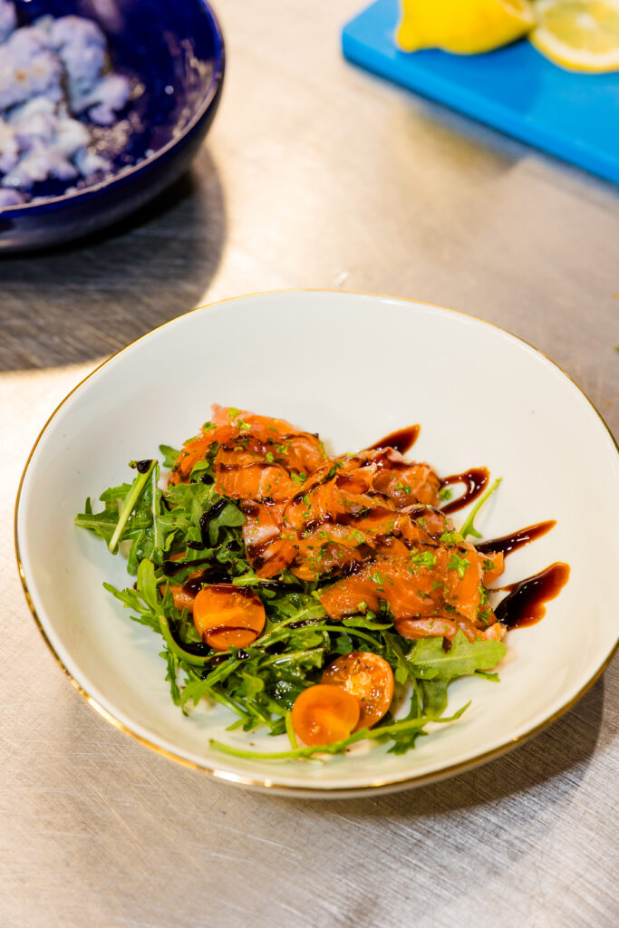 Close-up of beautifully plated salmon dish