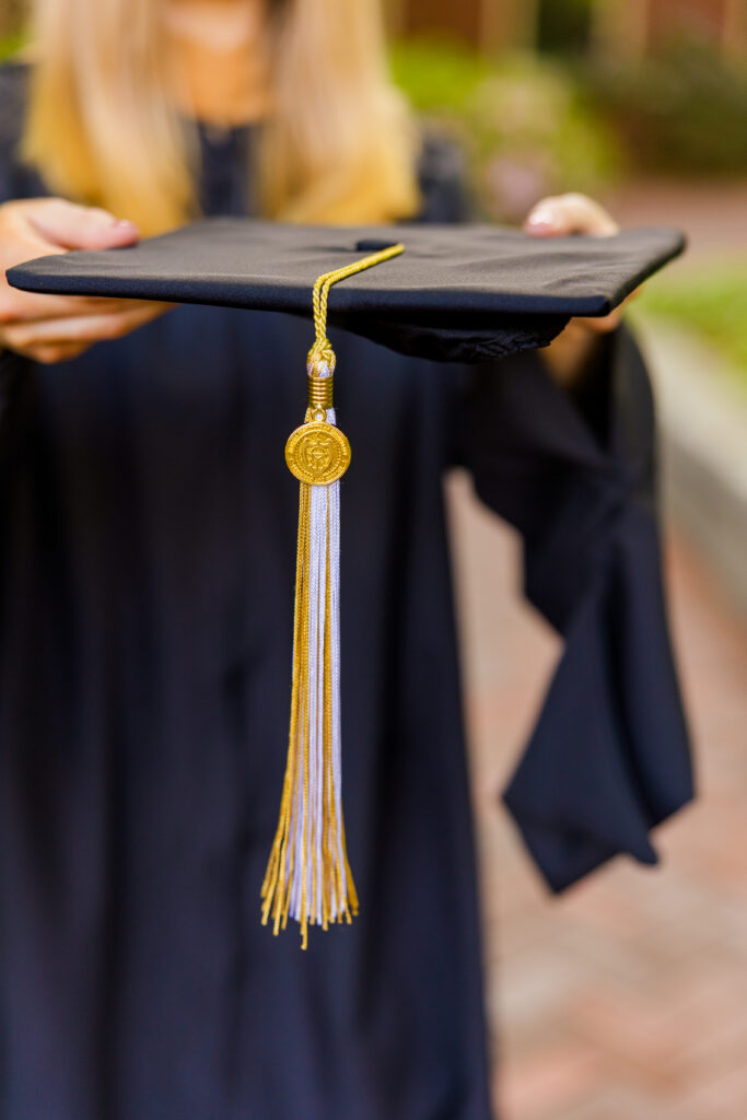 Detail photo of graduation cap and tassel from Georgia Tech graduation session