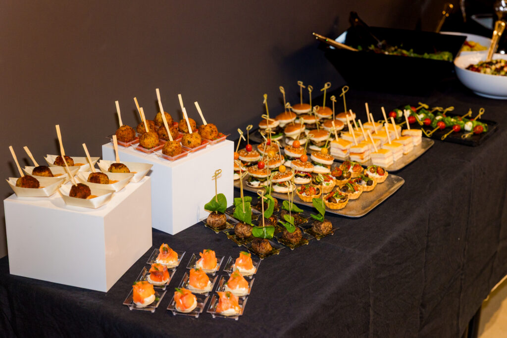 Side view overview of corporate catering buffet setup