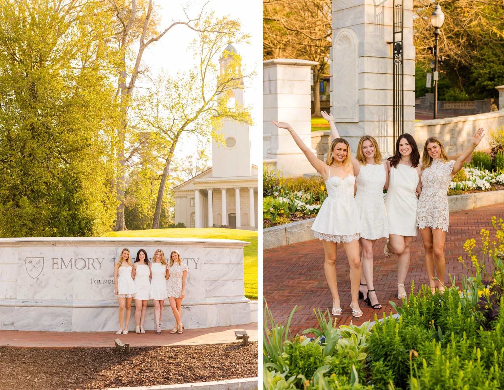 groupe of four girls wearing white dresses standing in front of the Emory University wall and entrance arch