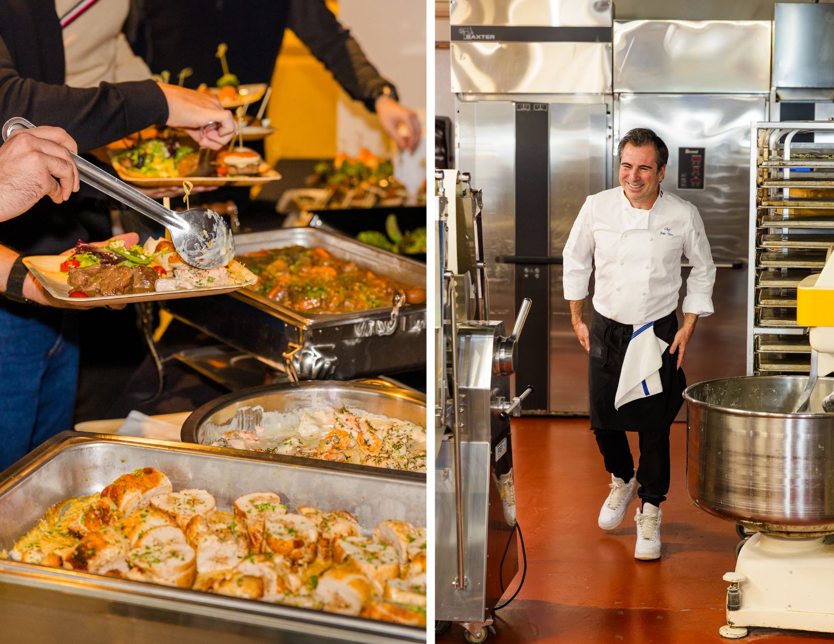 collage of two photos, chef walking in his kitchen and smiling and closeup of people putting food on their plate from corporate buffet