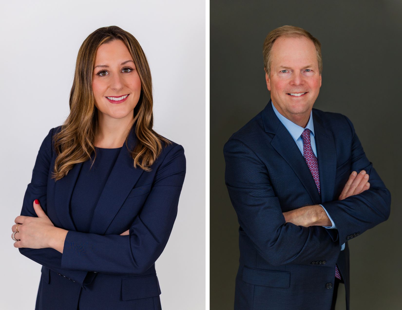 man and woman corporate polished professional headshot, neutral background